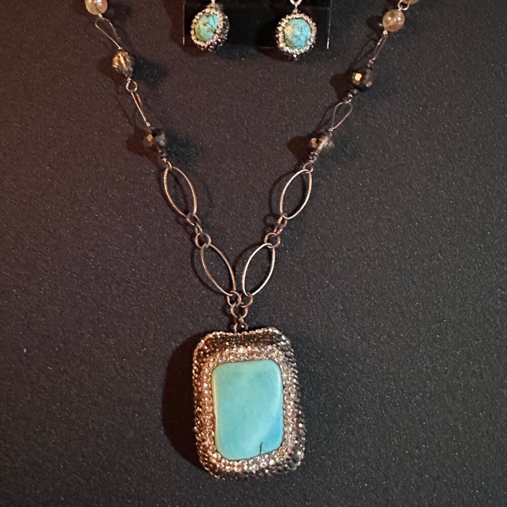 Keren Creations Turquoise Necklace & Earrings Jewelry Set With Crystal Accents - Picture 2 of 9